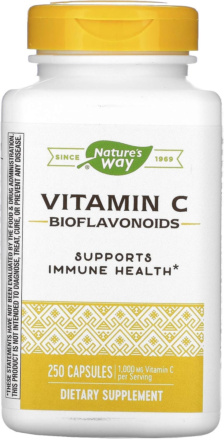 Nature’s Way Vitamin C with Bioflavonoids, Immune Support*, High Potency Vitamin C per 2-capsule serving, Promotes Collagen*, 1,000 mg per 2-Capsule Serving, 250 Capsules (Packaging May Vary)