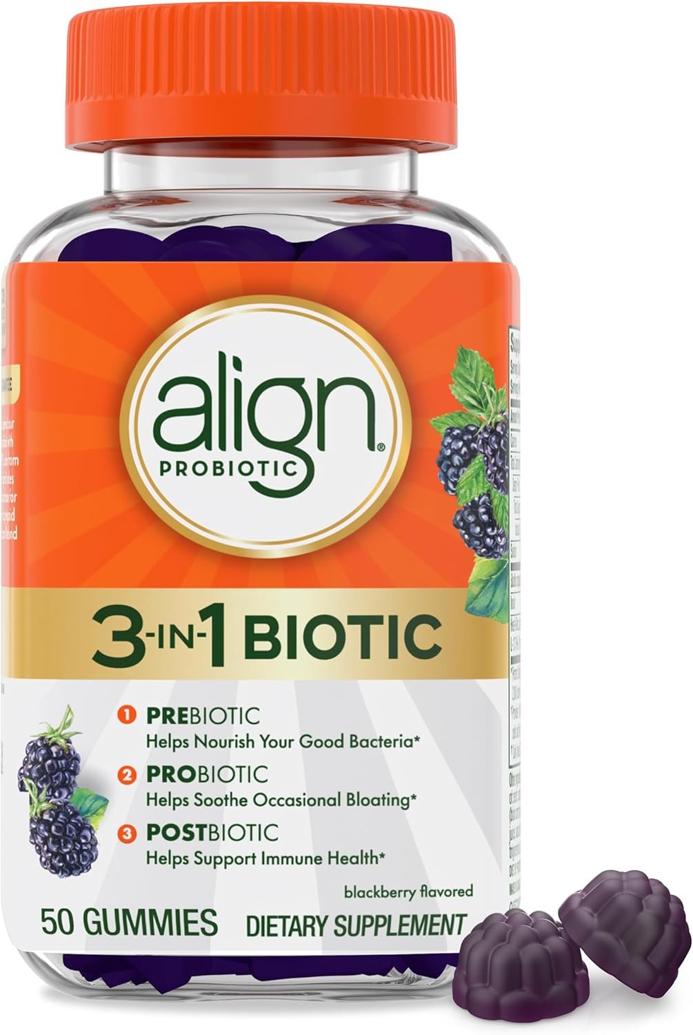 Align Probiotic, 3-in-1 Biotic Gummies, Prebiotic + Probiotic + Postbiotic, #1 Doctor Recommended Probiotic Brand‡, Helps Relieve Occasional Bloating*, BlackBerry Flavor, 50 Gummies