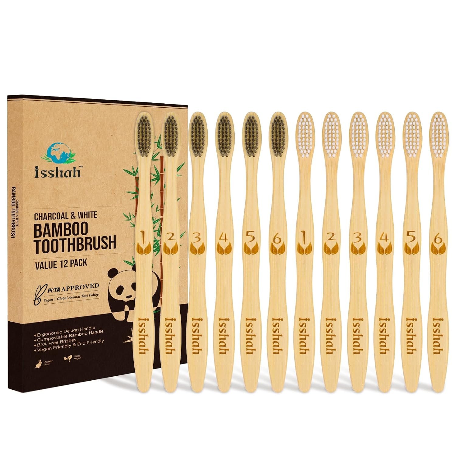 Biodegradable Eco-Friendly Natural Bamboo Charcoal Toothbrushes, FSC Certified and PETA Approved – 12 Count
