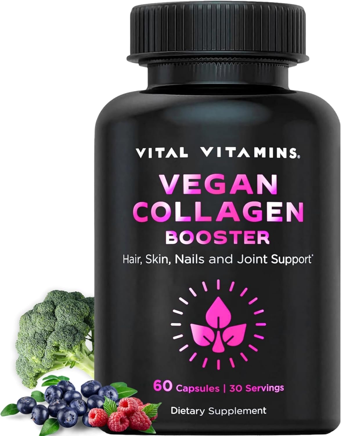 Vital Vitamins Vegan Collagen Booster – with Silica and Hyaluronic Acid – Plant-Based Collagen Supplements – Supports Hair, Skin, Nails & Joints – 60 Capsules