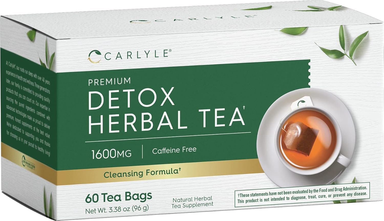 Carlyle Herbal Detox Tea | 60 Tea Bags | Caffeine Free | With Dandelion Root, Ginger Root, and Burdock Root | Vegetarian | Non-GMO & Gluten Free Herbal Blend