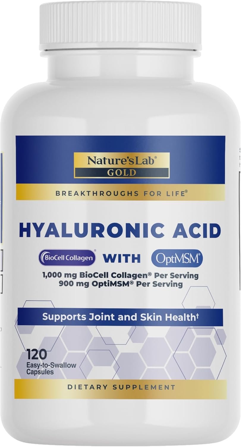 Nature’s Lab Hyaluronic Acid with Biocell Collagen and MSM – Skin Hydration, Joint Health – 120 Capsules (40 Day Supply)