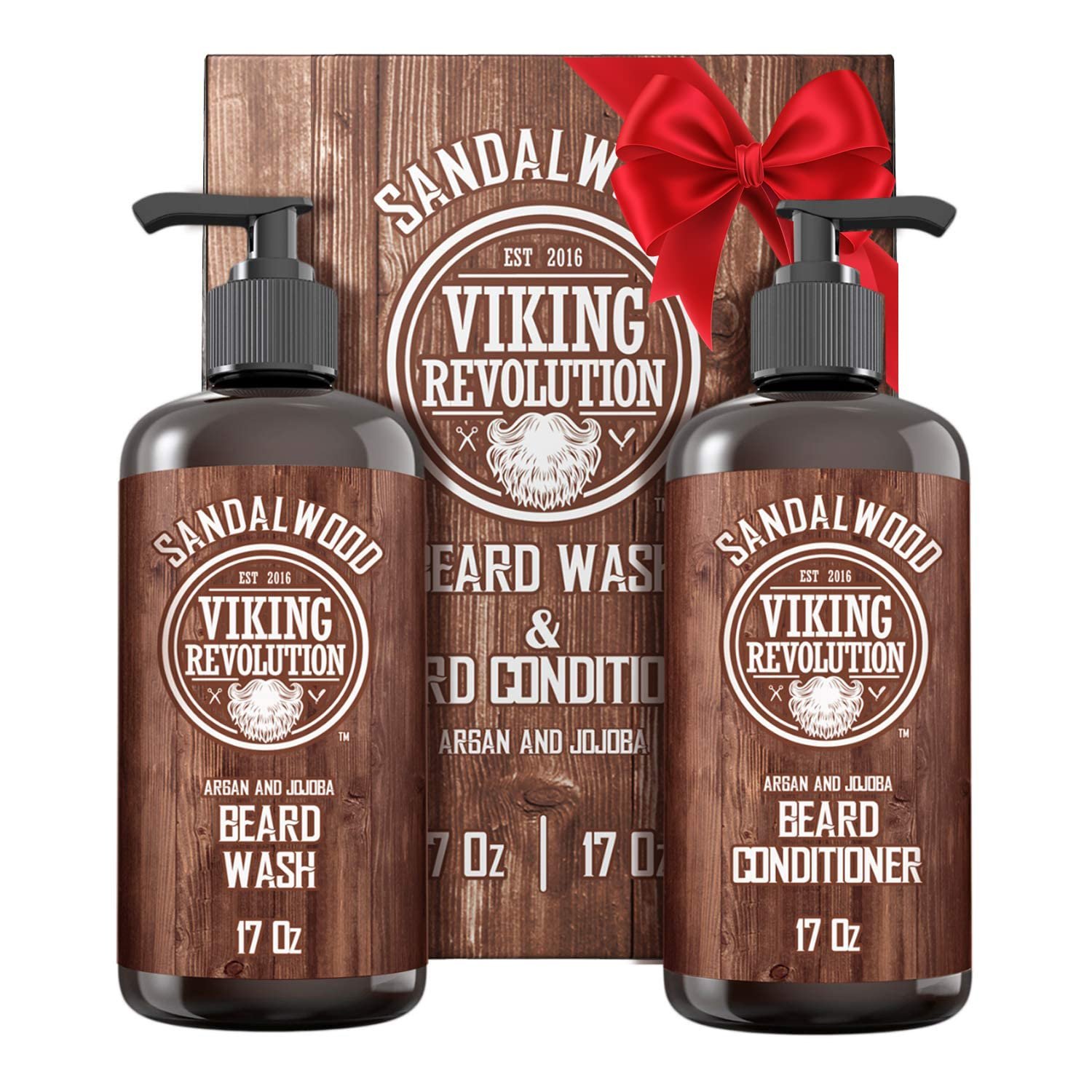 Viking Revolution Beard Wash & Beard Conditioner Set with Argan & Jojoba Oils – Softens and Strengthens – Natural Sandalwood Scent – Beard Shampoo with Beard Oil (17 oz)
