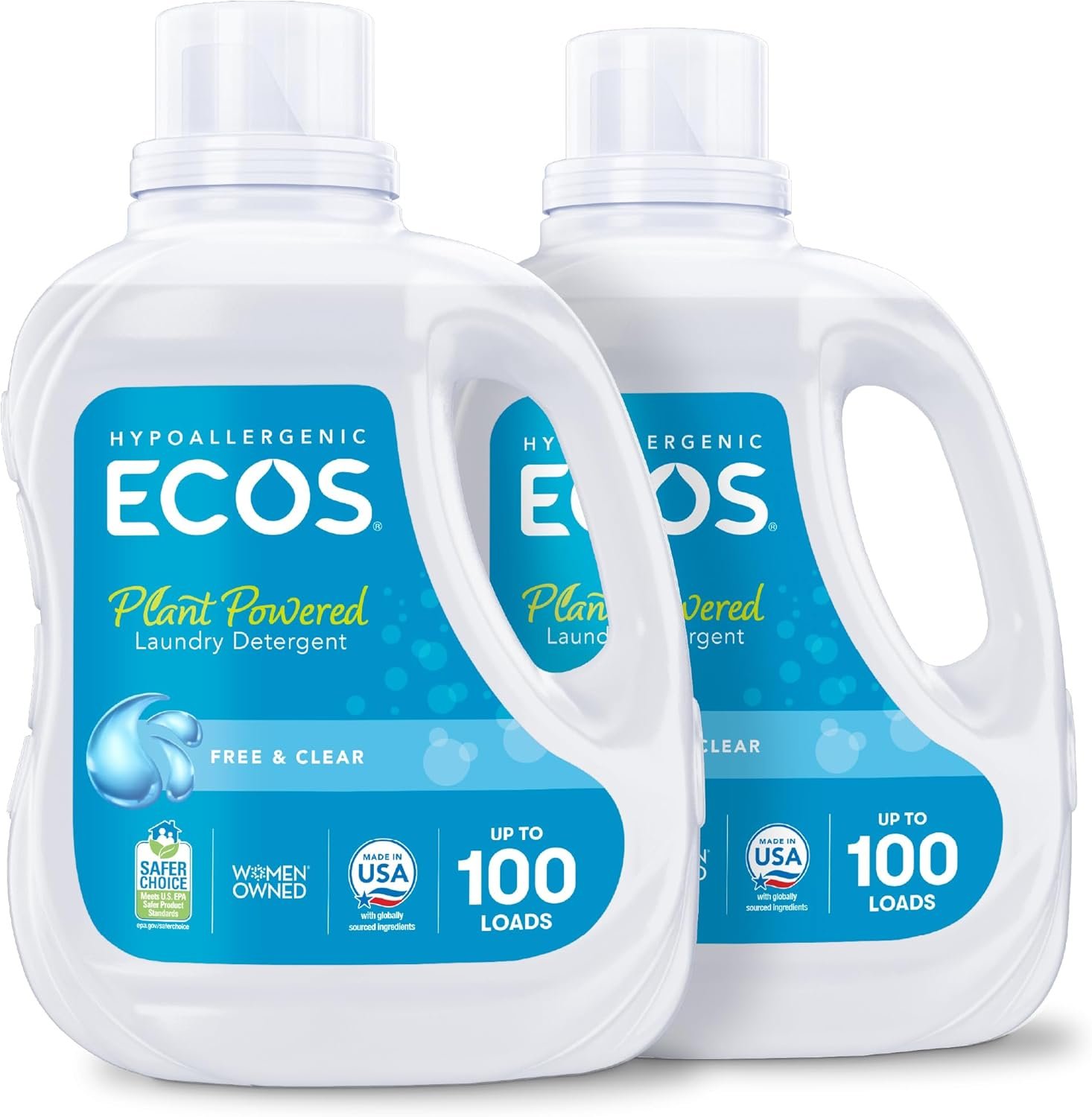 ECOS Laundry Detergent Liquid, 200 Loads – Dermatologist Tested Laundry Soap – Hypoallergenic, EPA Safer Choice Certified, Plant-Powered, Free & Clear, 100 Fl Oz (Pack of 2)
