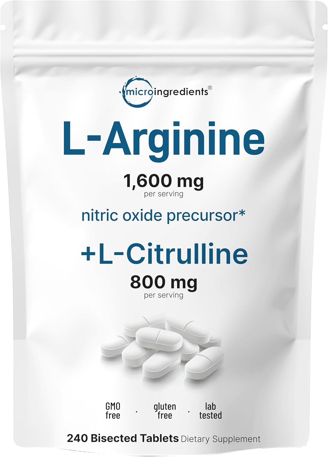 L-Arginine 1,600mg Nitric Oxide Supplement for Men with L-Citrulline, 240 Bisected Tablets | Nitric Oxide Precursor | Muscle, Energy, & Heart Support | Non-GMO, Gluten Free – 4 Month Supply