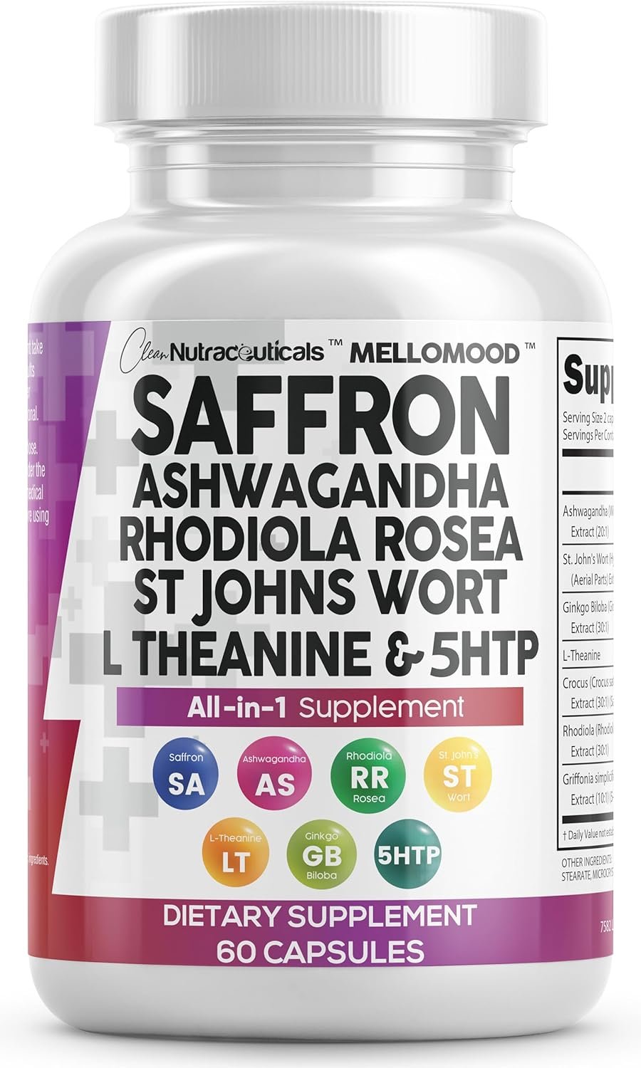 Clean Nutraceuticals Saffron Supplements Extract 100mg + Ashwagandha L-Theanine 200mg – Mood Support Ginkgo Biloba, St. John’s Wort, Rhodiola Rosea & 5-HTP Capsules Pills Men Women