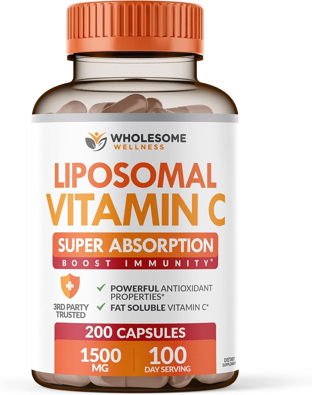 Wholesome Wellness Liposomal Vitamin C Capsules (200 Pills 1500mg Buffered) High Absorption, Immune System & Collagen Booster, High Dose Fat Soluble Immunity Support Ascorbic Acid, Natural Vegan