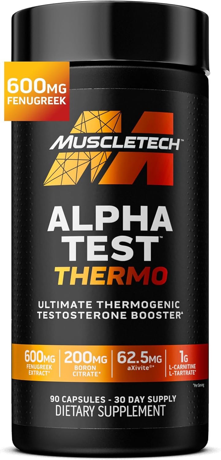 MuscleTech Thermogenic Testosterone Booster for Men, AlphaTest Thermo – T-Boost Mens Supplement with Tribulus Terrestris – Male Gym Workout Supplements for Muscle Growth, Stamina & Energy – 90 Pills