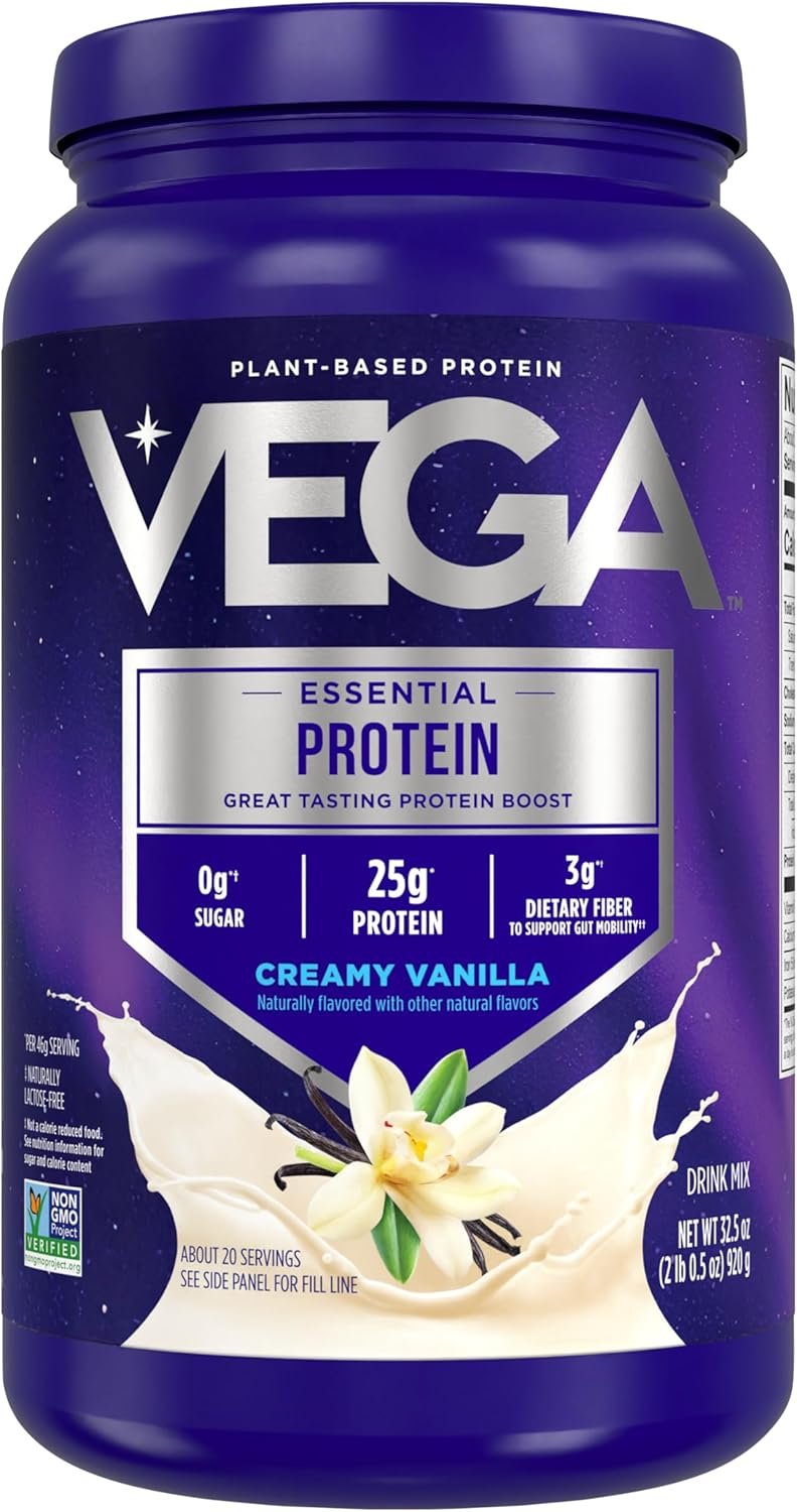 Vega Original Essential Protein – 25g Plant-Based Protein, Creamy Vanilla, 20 Servings, Vegan Non-GMO Drink Mix, Smoothie & Shake Ready, Gluten Free, Dairy Free, 32.5oz (Packaging May Vary)