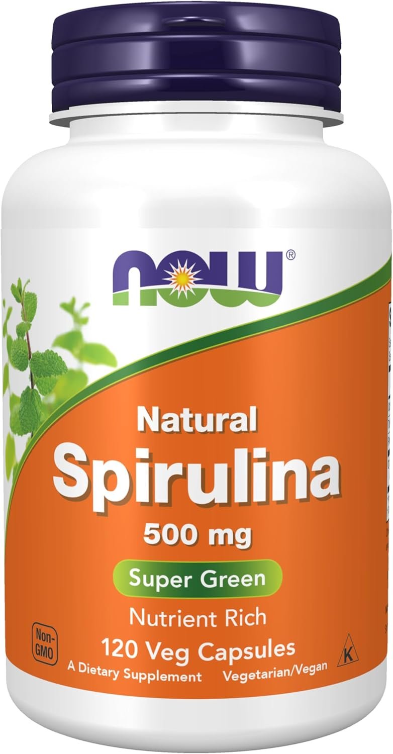 NOW Foods Supplements, Natural Spirulina 500 mg with Beta-Carotene (Vitamin A) and Vitamin B-12, and naturally occurring Protein and GLA (Gamma Linolenic Acid), 120 Veg Capsules
