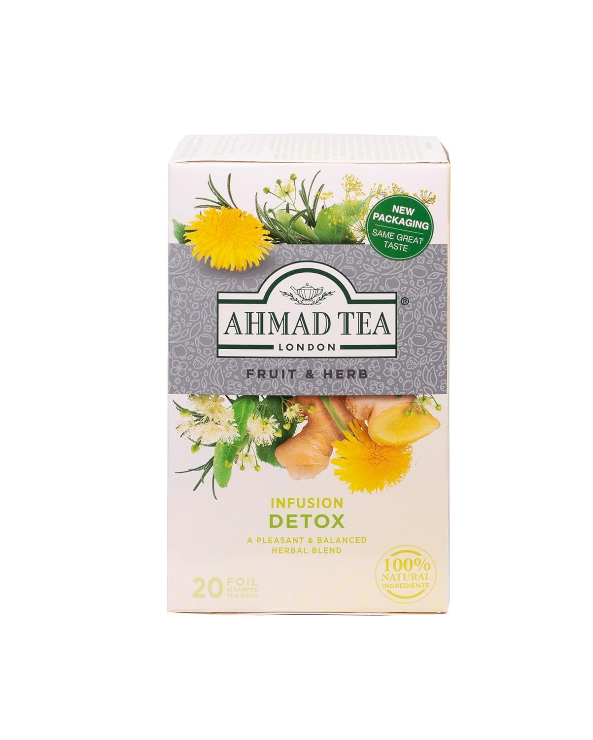 Ahmad Tea Herbal Tea, Ginger, Peppermint, Fennel, Dandelion, & Birch ‘Detox’ Teabags, 20 ct (Pack of 6) – Decaffeinated & Sugar-Free