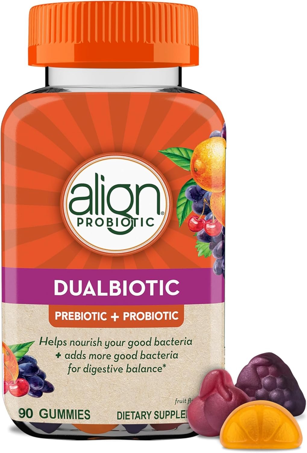 Align Dualbiotic, Prebiotics and Probiotics for Women and Men, Probiotics for Digestive Health, Prebiotics Help Nourish Good Bacteria, Natural Fruit Flavors, 90 Probiotic Gummies