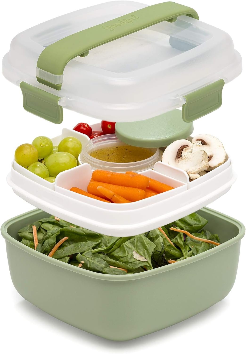 Goodful Stackable Lunch Box Container, Bento Style Food Storage with Removeable Compartments for Sandwich, Snacks, Toppings & Dressing, Leak-Proof and Made without BPA, 56-Ounce, Sage