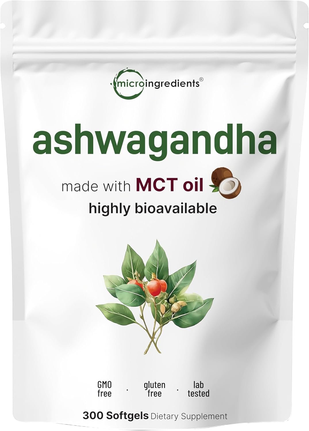 Micro Ingredients Ashwagandha Supplements | 300 Coconut MCT Oil Softgels with Black Pepper for Better Absorption | Potent Root Extract | Non-GMO