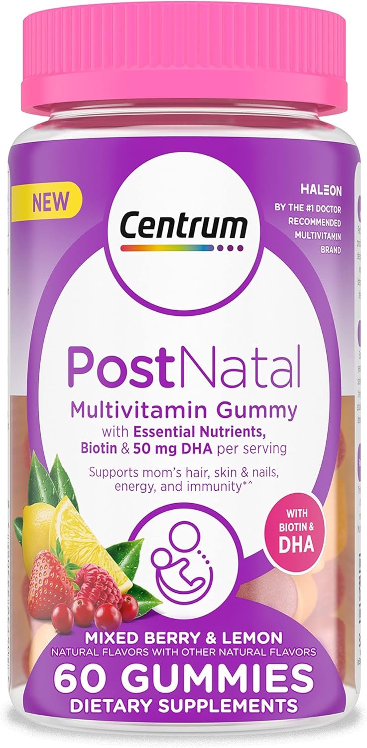Centrum Postnatal Multivitamin Gummies with Biotin and DHA, Mixed Berry and Lemon Flavors – 60 Count, 30 Day Supply