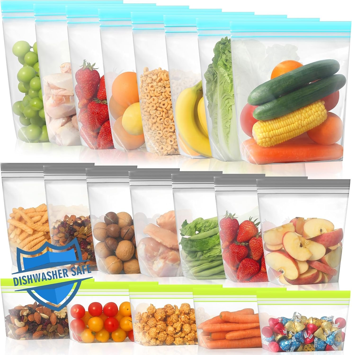 Lerine 20 Pack Reusable Freezer Bags Dishwasher Microwave Safe, Stand Up Silicone and BPA Free Reusable Sandwich Bags, Leakproof Food Storage Bags for Meal Prep – 8 Gallon 7 Sandwich 5 Snack