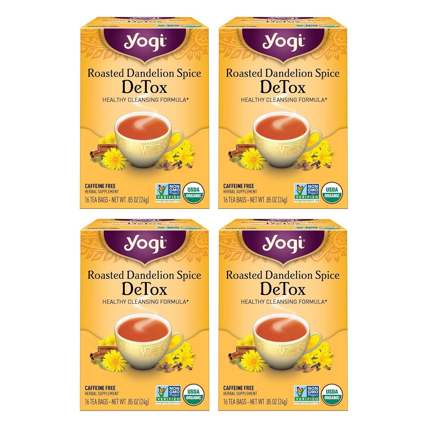 Yogi Tea Roasted Dandelion Spice DeTox – 16 Bags per Pack (4 Packs) – Organic DeTox Tea – Includes Roasted Dandelion Root, Dandelion Root, Cinnamon Bark, Cocoa Shell & More