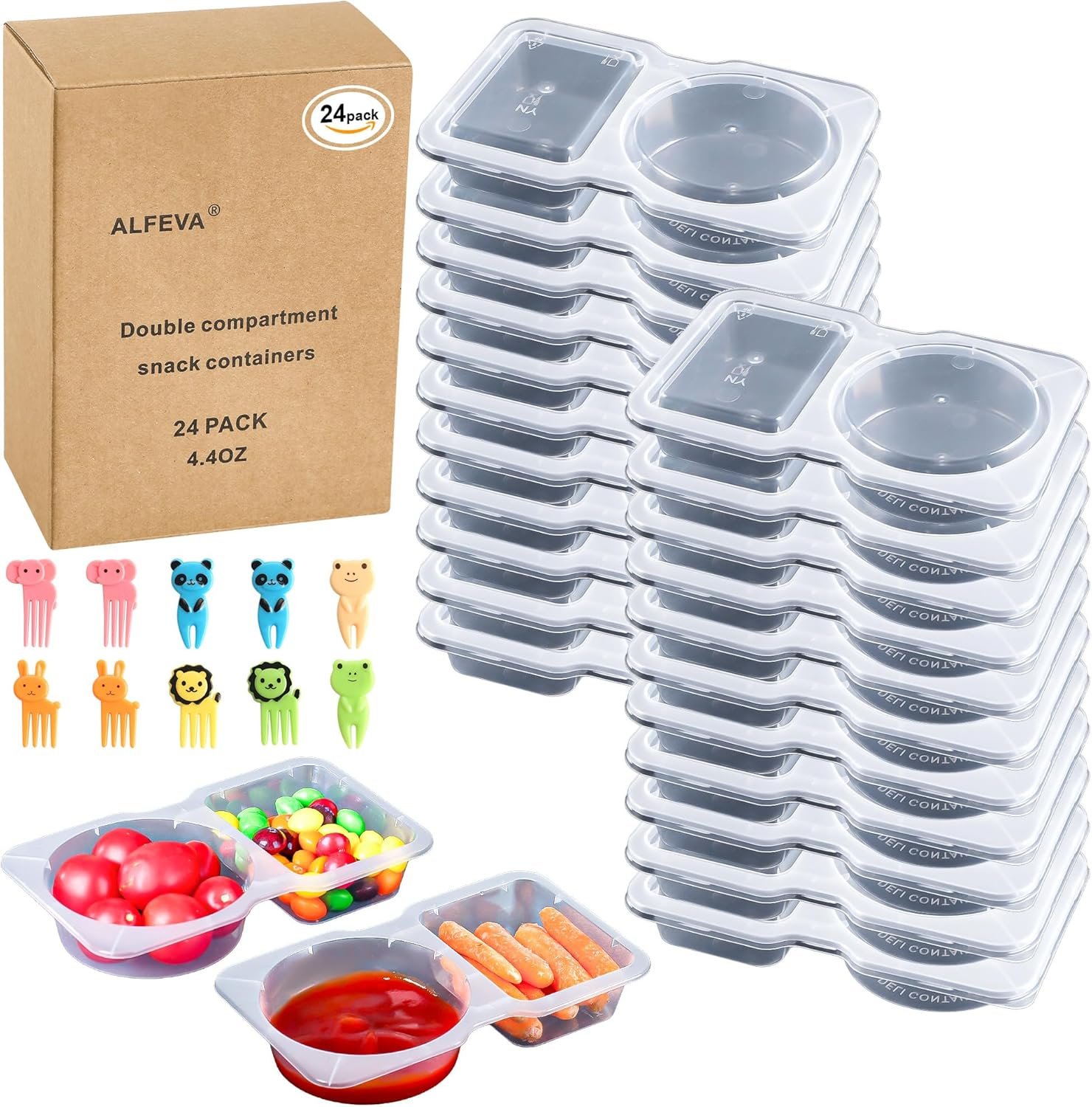 24 Pcs reusable snack containers with Lids, snack containers for kids adults10 Forks, snack pack containers – Lightweight and Stackable, Microwaveable/refrigerator safe