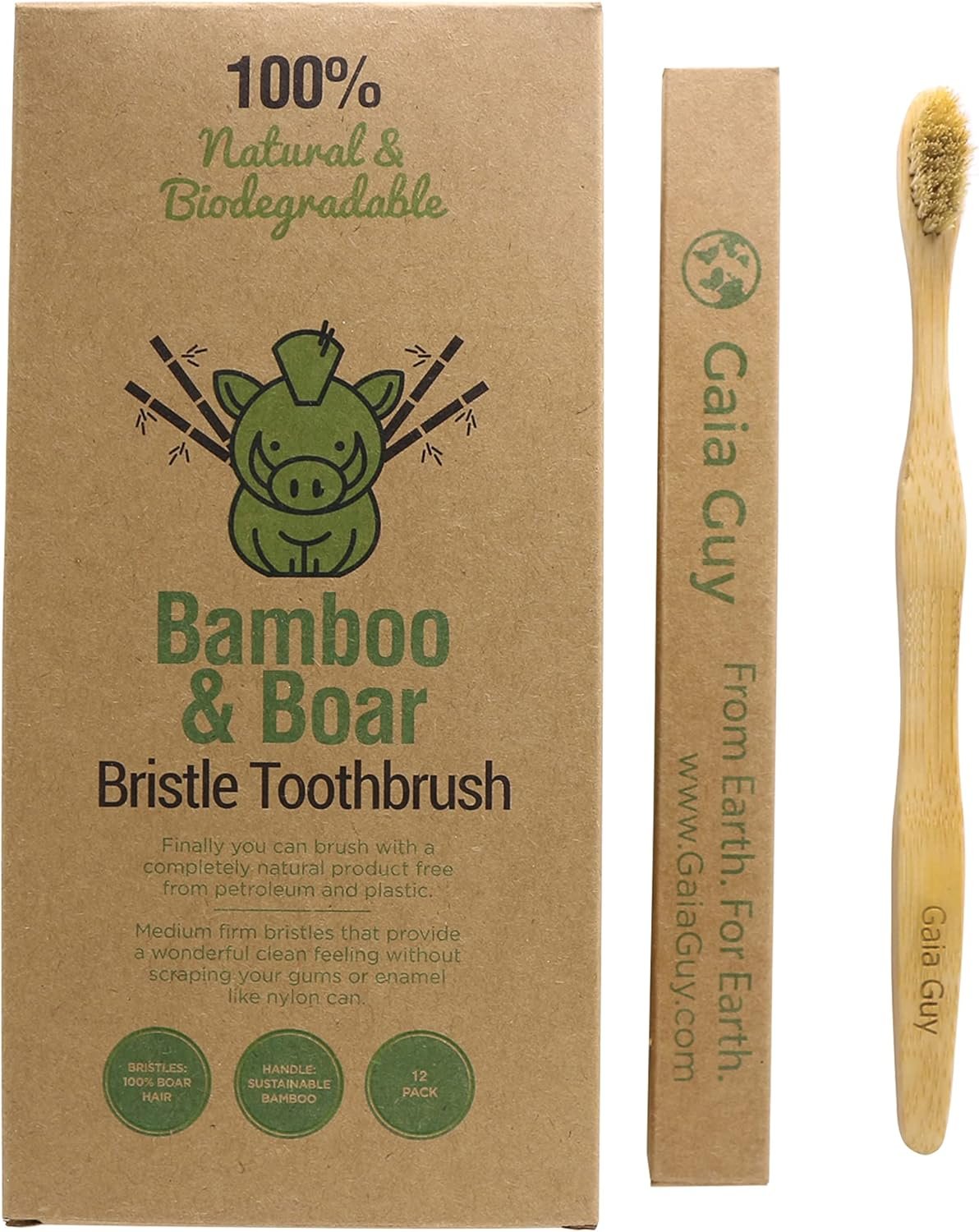 Gaia Guy Natural Bristle Bamboo Toothbrush with Boar Bristles – Totally Biodegradable and Compostable – No Nylon Toothbrushes – Zero Waste 12-Pack