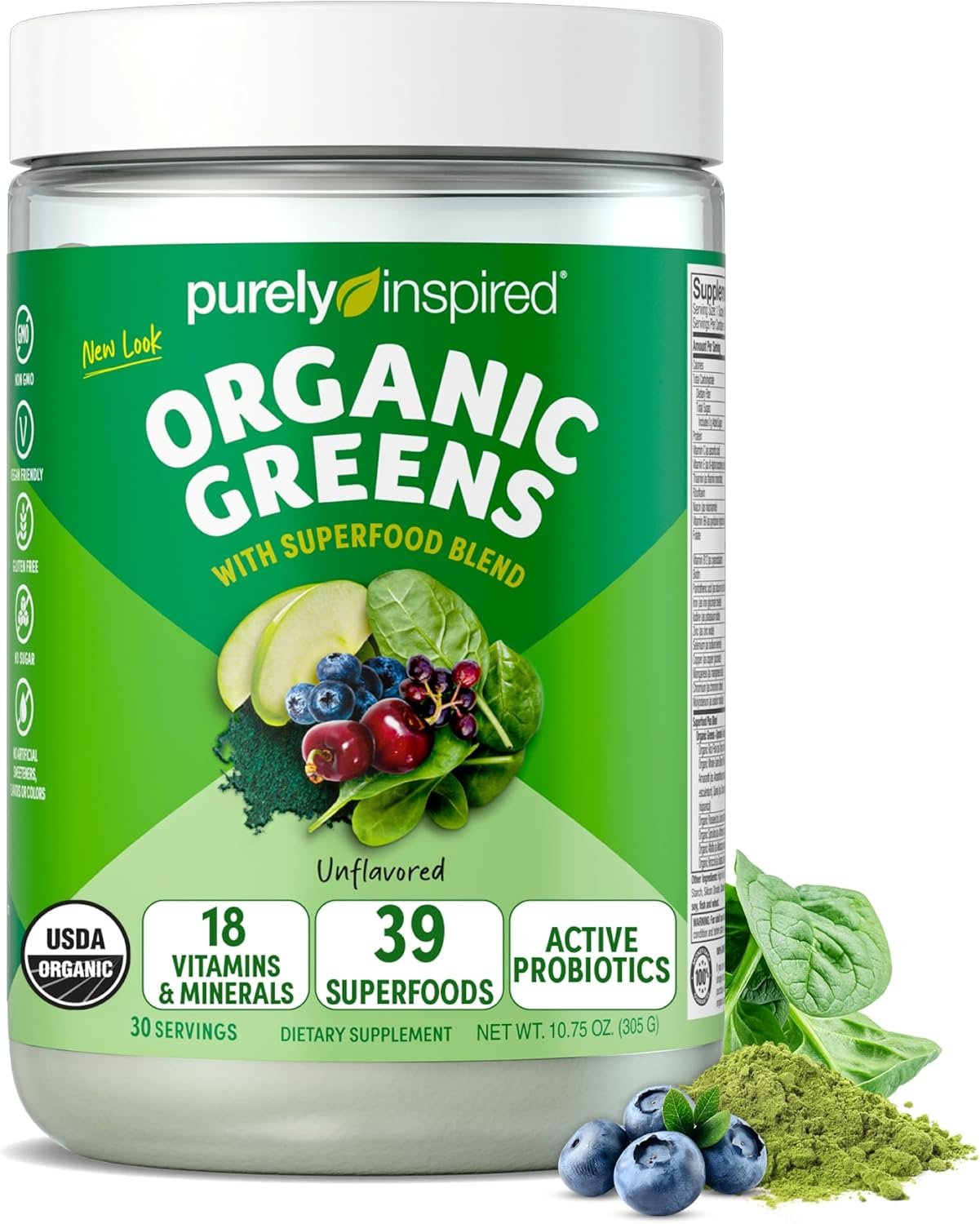 Purely Inspired Organic Greens Powder Superfood Smoothie Mix, Unflavored (30 Servings) – Super Greens with Probiotics, Spirulina & Chlorella for Gut & Digestive Health – Vegan & Gluten-Free