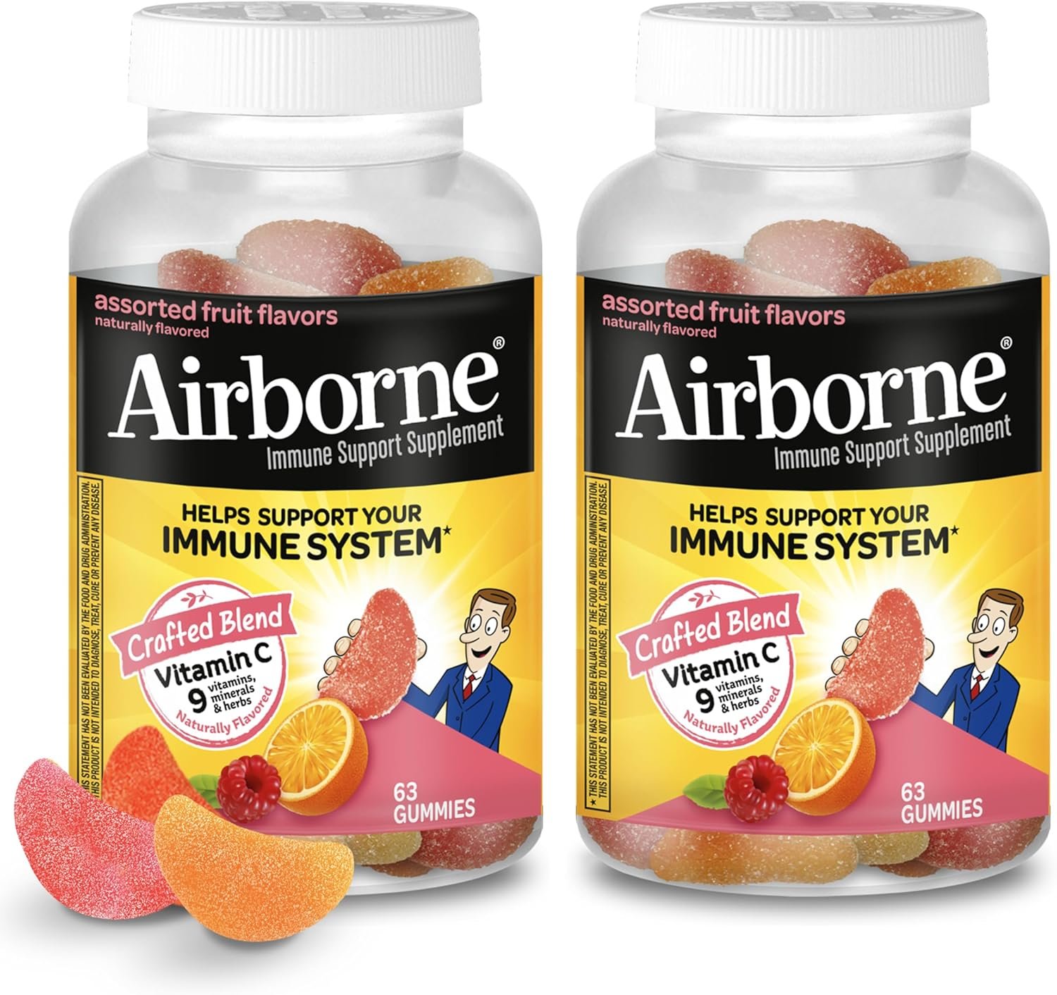 Airborne 750mg Vitamin C Gummies for Adults, Immune Support Gummies with Powerful Antioxidants VIT C & E, Caffeine Free – 2x63ct Bottle (42 Servings), Assorted Fruit Flavor