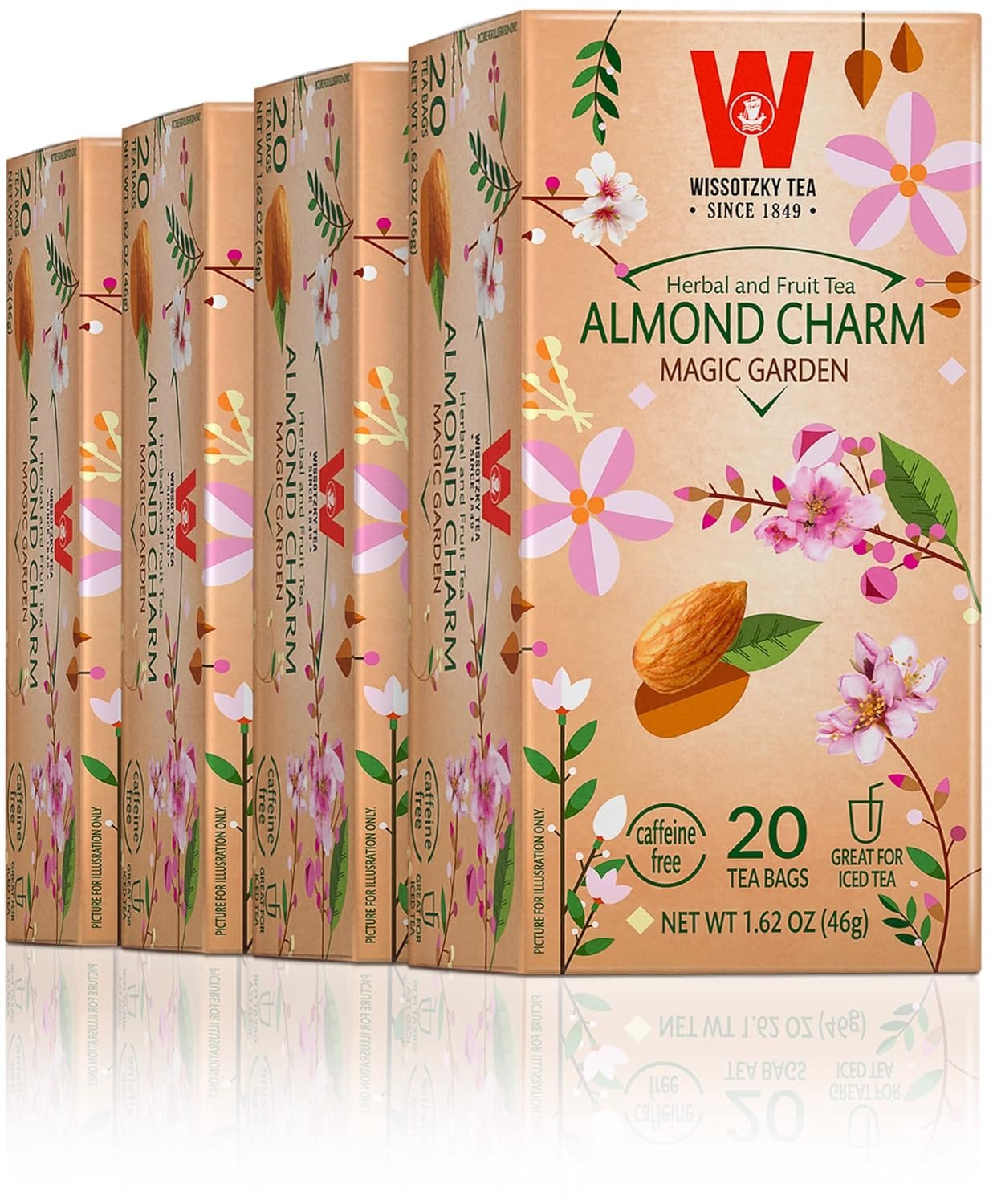 Wissotzky Almond Charm Tea Bags (4 Pack – 20 bags each) Caffeine Free, Infused With Premium Fruit & Herbal Tea Leaves “AKA Chemdat Hashaked”
