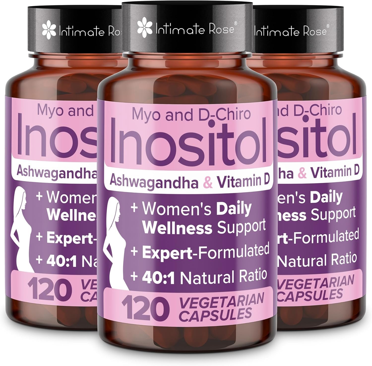 Intimate Rose Myo-Inositol & D-Chiro Inositol Blend – 40:1 Blend Ratio – Women’s Daily Wellness Support – Vitamin D & Ashwagandha, 3 Bottles