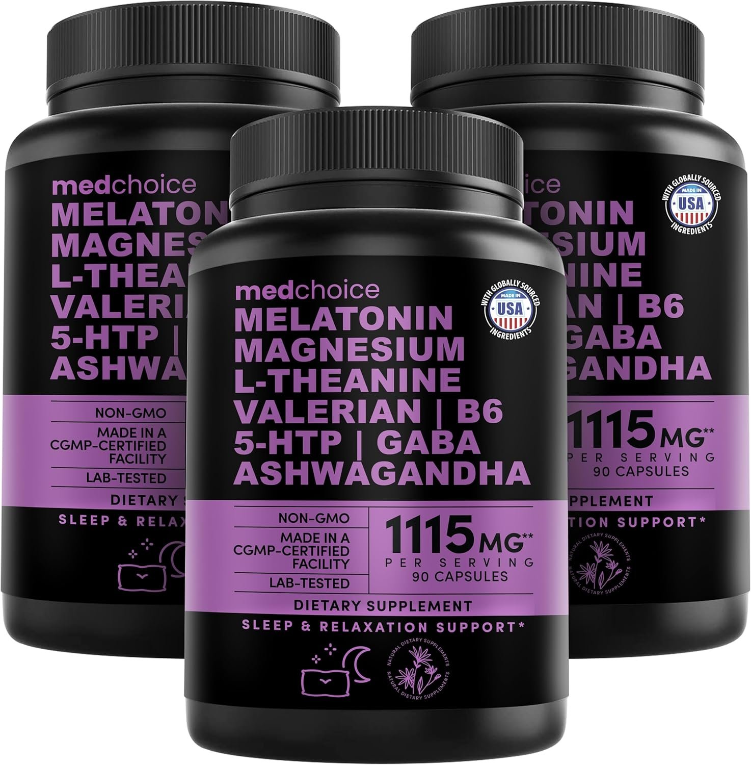 12-in-1 Melatonin Sleep Capsules – Natural Sleep Aids for Adults with Melatonin 5mg and Magnesium Glycinate 500mg, Sleep Aid with Ashwagandha, L Theanine, Valerian Root, GABA, 5-HTP (90ct, Pack of 3)