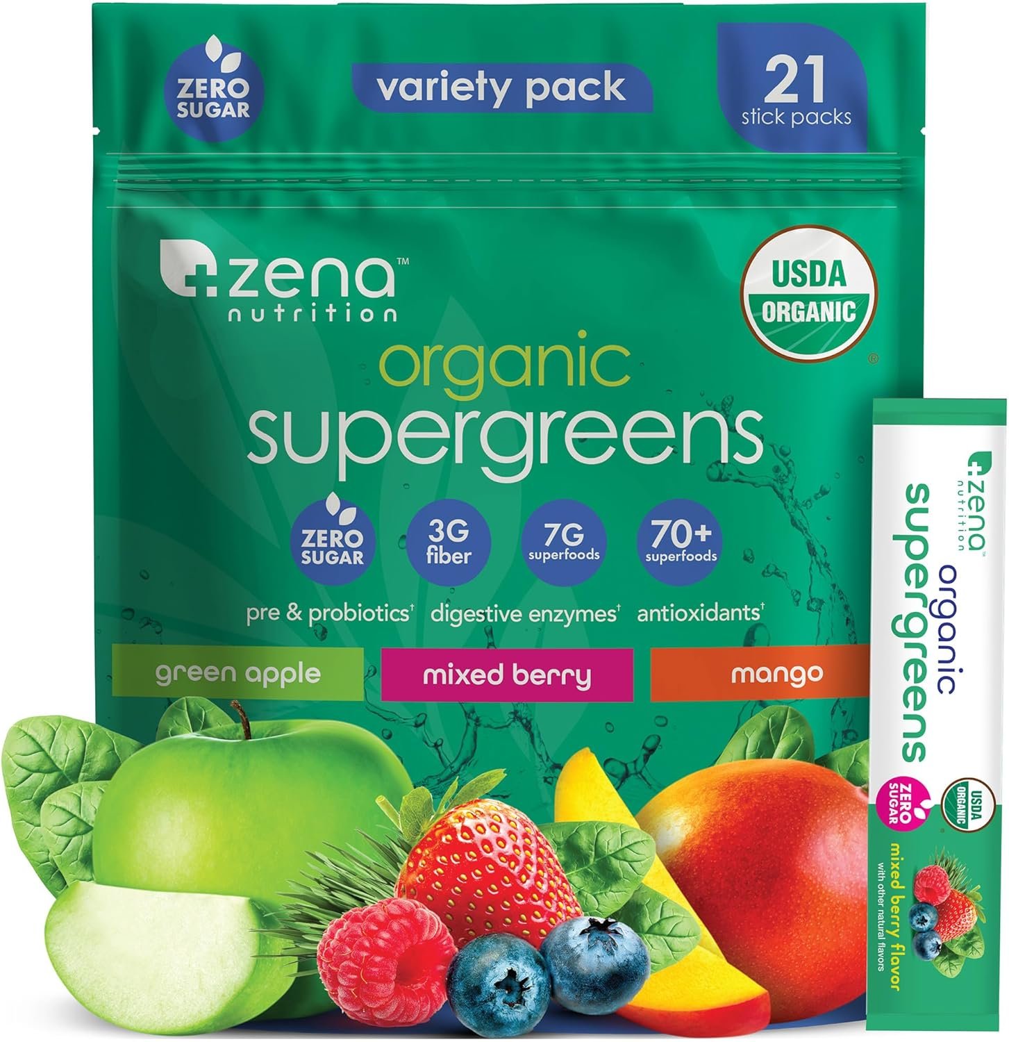 Zena Nutrition Organic Super Greens Powder Variety Pack, 70+ Superfoods, 0 Sugar, 3G Fiber, Spirulina, Chlorella, Antioxidants, Prebiotics/Probiotics, Digestive Enzymes, 21 Drink Mix Packets​