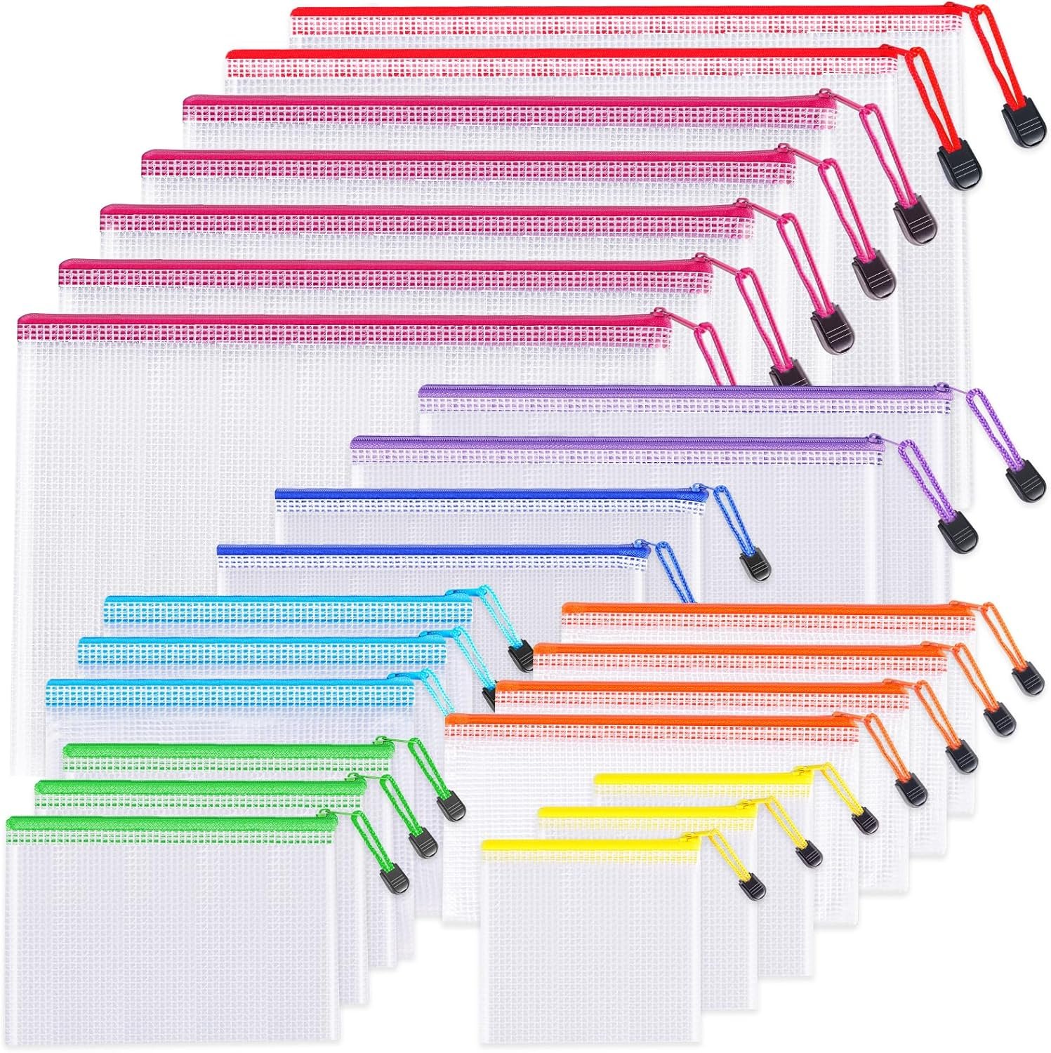 24pcs Mesh Zipper Pouch Bags – 8 Sizes Plastic Zipper Pouches for Organization, Mesh Bags with Zipper, Waterproof Clear Travel Pouches, UMETDO File Bag with Zipper for Office Supplies