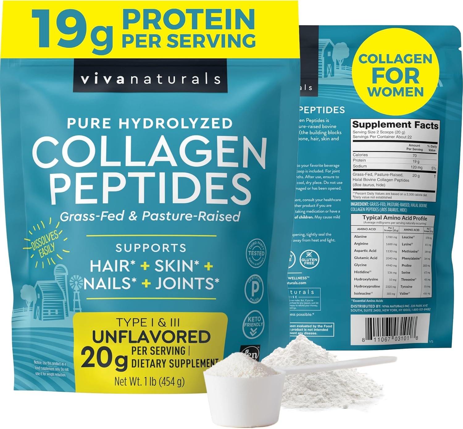 Viva Naturals Hydrolyzed Collagen Peptides Powder, 1 lb – Grass-Fed & Pasture-Raised Bovine Collagen, Type I & III, Unflavored Powder for Hair, Skin & Nails