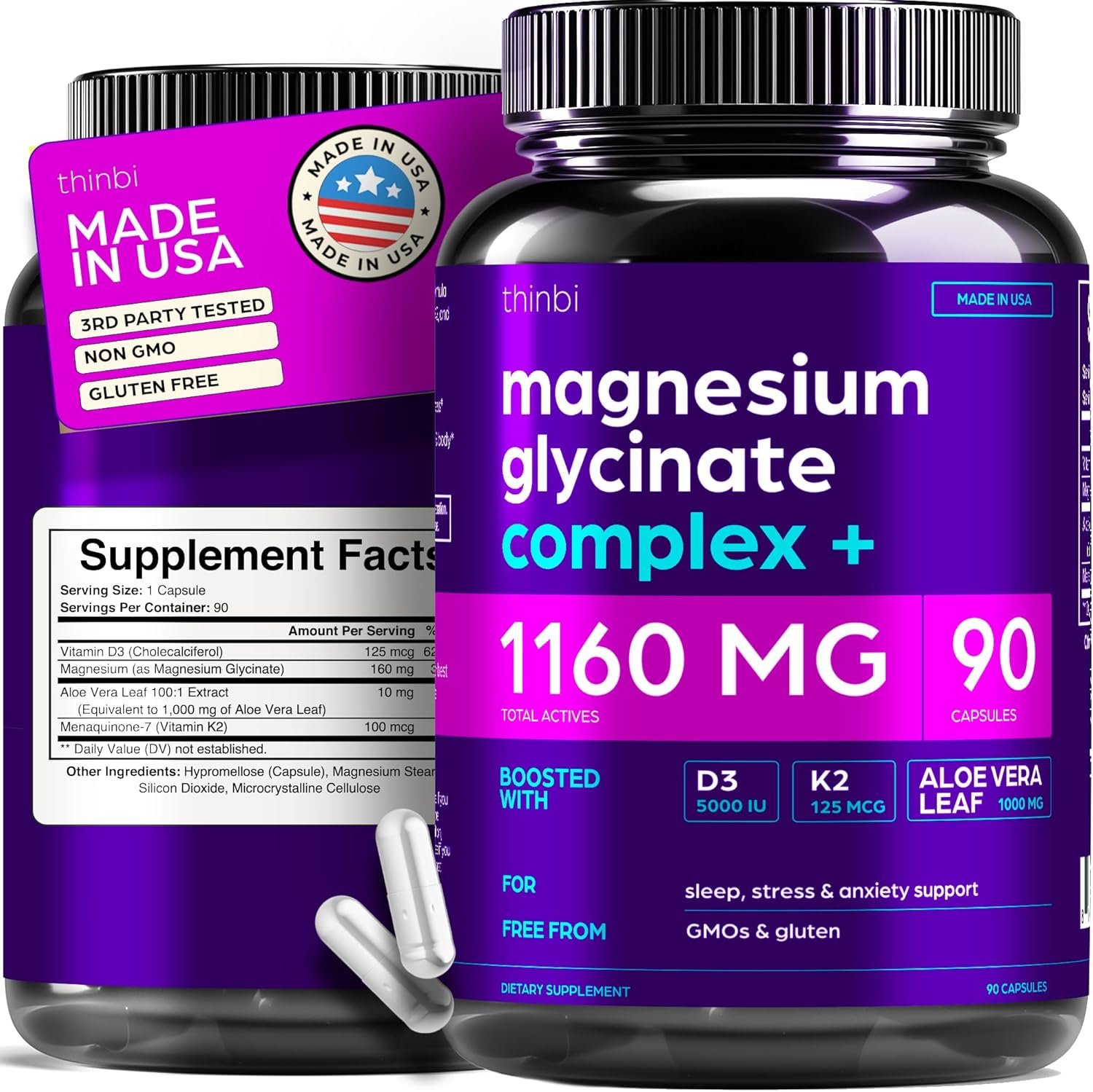 Magnesium Glycinate 1160mg + Aloe Vera, D3 & K2 Complex 90 Capsules – High Absorption, Non-Laxative – Supports Healthy Stress Response, Muscle Function & Healthy Metabolism Chelated Formula