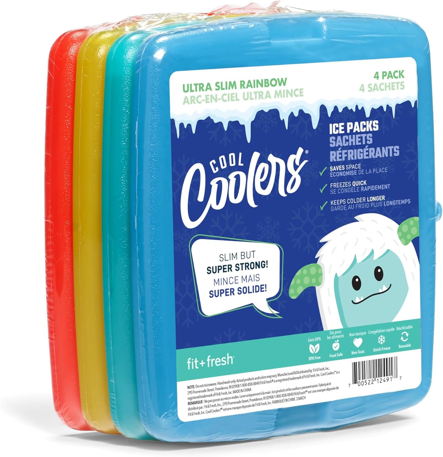 Cool Coolers By Fit & Fresh 4 Pack Slim Ice Packs, Quick Freeze Space Saving Reusable Ice Packs for Lunch Boxes or Coolers, Multi Colored, Single Pack