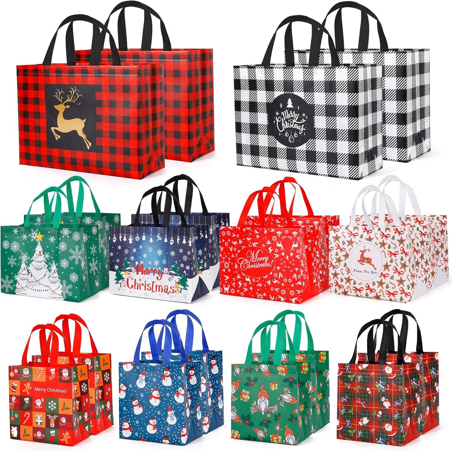 YANGTE 20 Pack Christmas Gift Bags Assorted Sizes, Reusable Tote Bags with Handle, Includes 4 Large 8 Medium 8 Small Non-Woven Christmas Bags for Xmas Party Favors