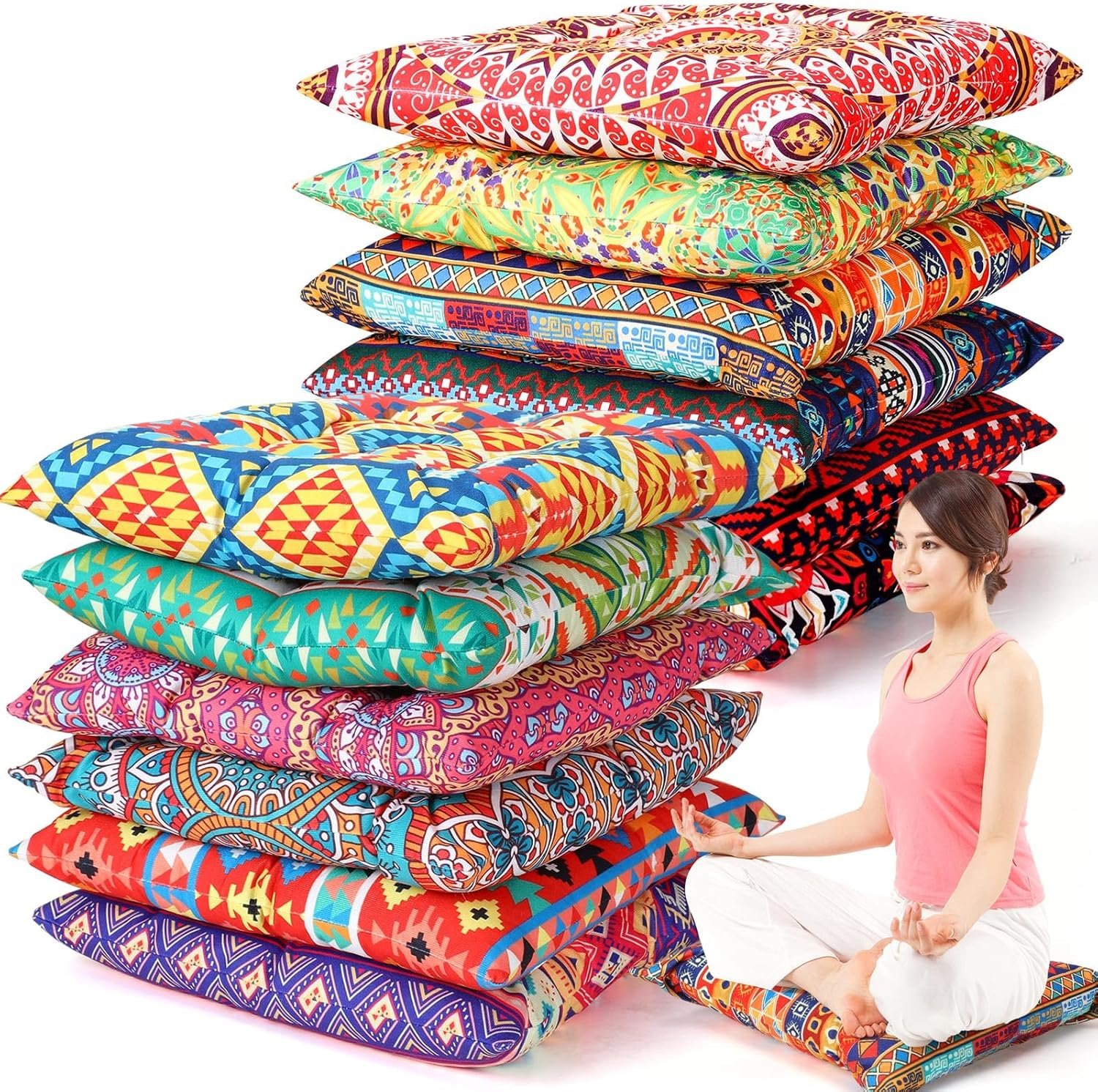 Nuogo 12 Pcs Bohemian Floor Cushions Bulk 15 Inch Boho Floor Sitting Pillows Yoga Mandala Meditation Pouf for Living Room Balcony Office Tatami(Square)