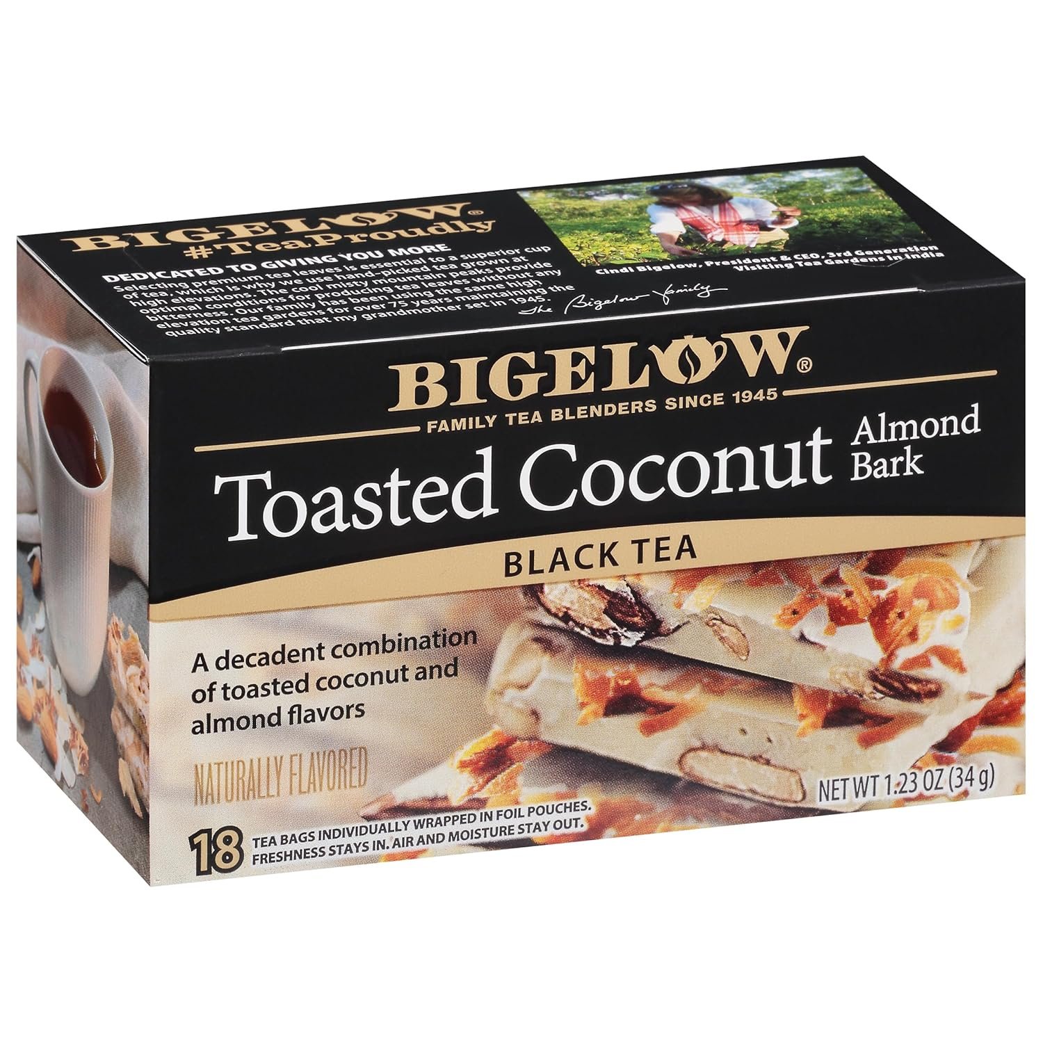 Bigelow Tea Toasted Coconut Almond Bark Black Tea, Caffeinated Tea with Coconut and Almond, 18 Count Box (Pack of 6), 108 Total Tea Bags