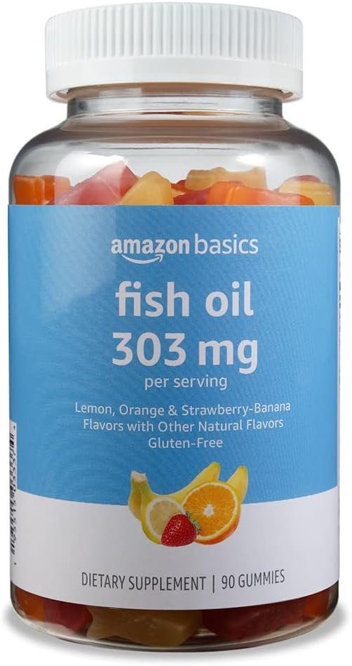 Amazon Basics Fish Oil 303 mg, Lemon, Orange & Strawberry-Banana flavors, 90 Gummies (2 per Serving), EPA and DHA Omega-3 fatty acids (Previously Solimo)