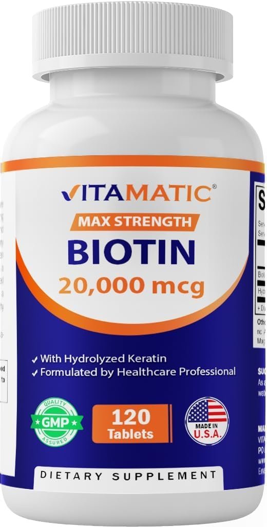 Vitamatic High Potency Biotin 20000 mcg (20mg) with Keratin 100mg – 120 Vegetarian Tablets – Biotin Supplements for Healthy Hair Skin & Nails for Adults (120 Count (Pack of 1))