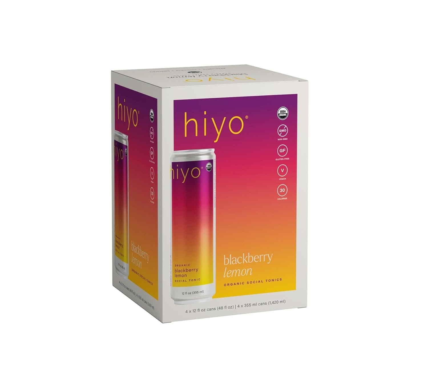 Hiyo Organic Social Tonic – Blackberry Lemon, 4 pack – N.A. Functional Seltzer, Sparkling Water Crafted with Organic Adaptogens, Nootropics & Botanicals