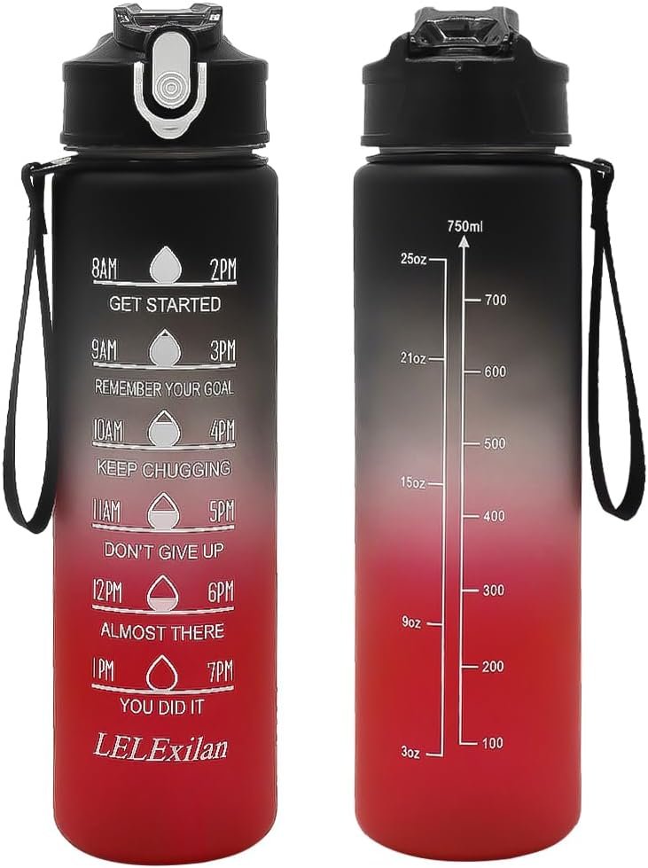 straw sports water bottle with handle rope and inspirational words, suitable for running, cycling, camping, travel（Black Red）