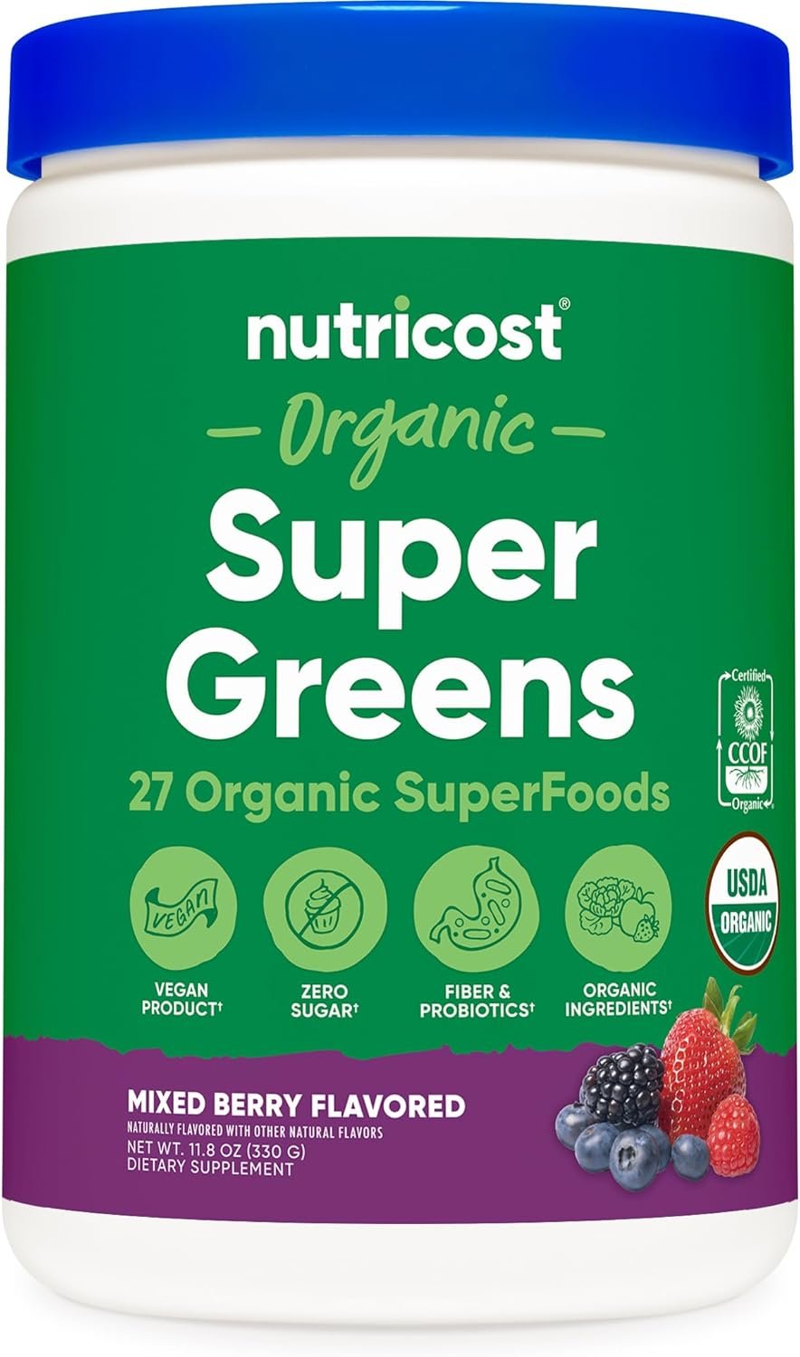 Nutricost Organic Super Greens Powder (30 Servings) Mixed Berry Flavor – Superfood Supplement Drink Mix