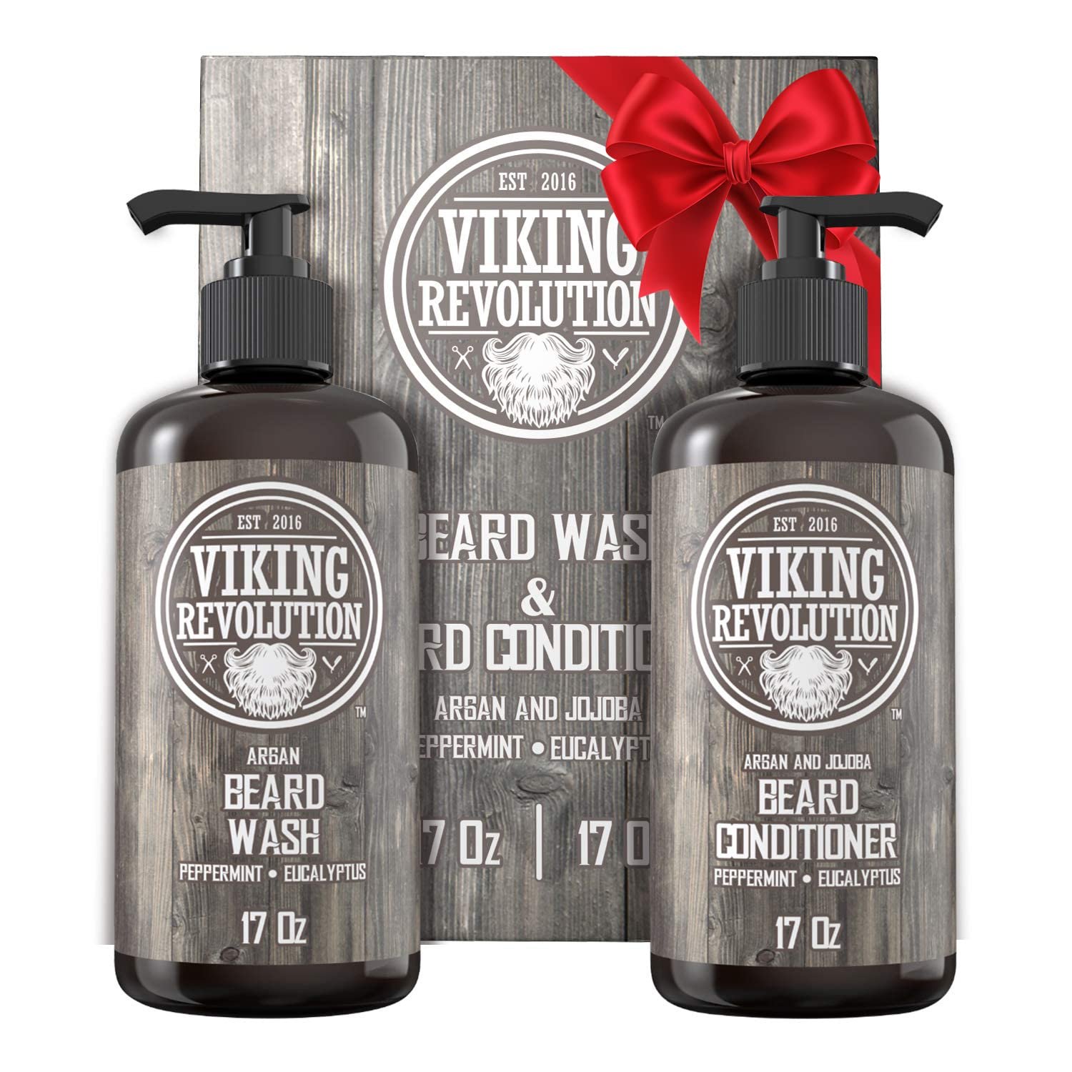 Viking Revolution Beard Wash & Conditioner Set w/Argan & Jojoba Oils – Softens, Smooths & Strengthens Beard Growth – Natural Peppermint and Eucalyptus Scent – Shampoo (17 oz)