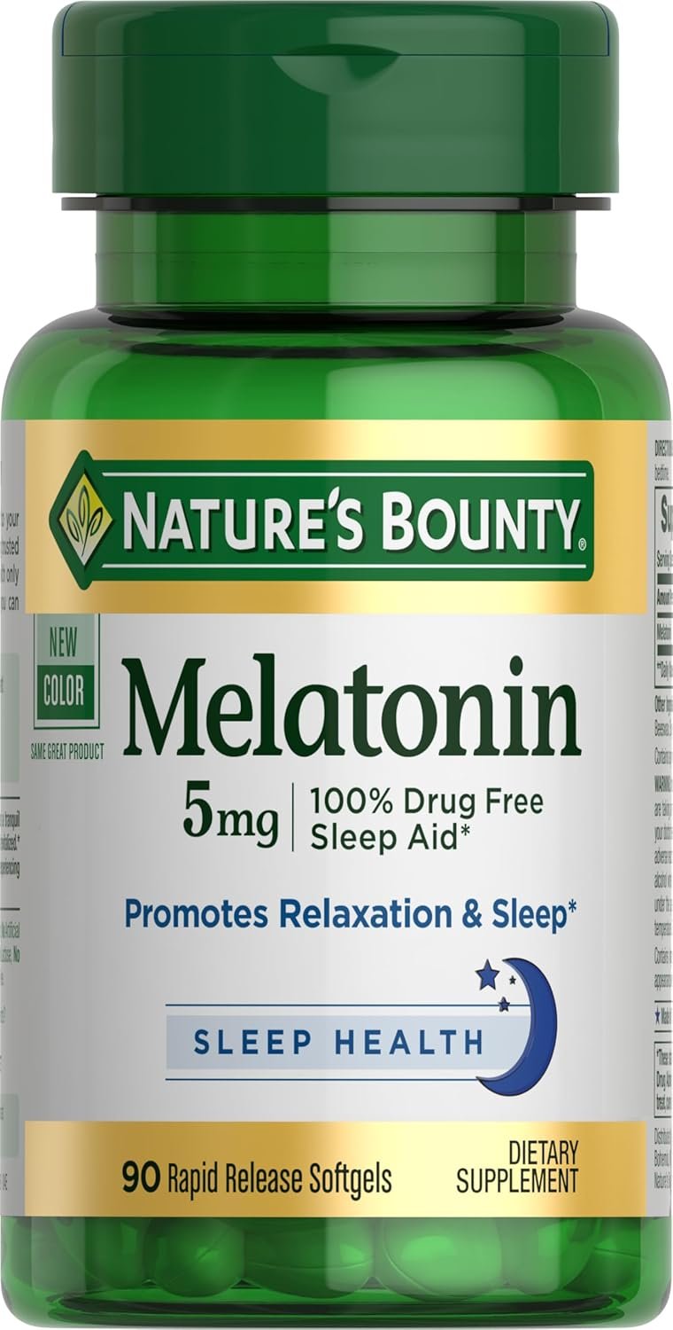 Nature’s Bounty Melatonin, 100% Drug Free Sleep Aid, Dietary Supplement, Promotes Relaxation and Sleep Health, 5mg, 90 Softgels (Pack of 1)