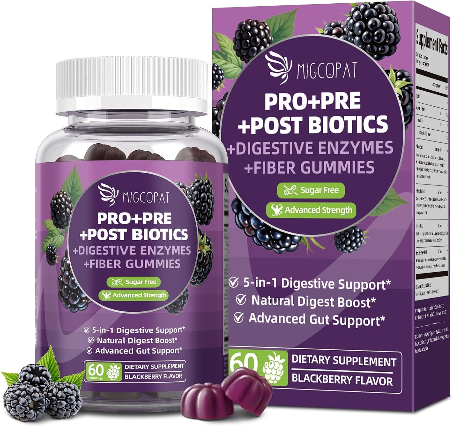 Pre Post Probiotics Gummies, 5 in 1 Probiotic Prebiotic Postbiotic Digestive Enzymes with Fiber, 120 Billion CFU Probiotics Complete Gut Support, Sugar Free, Vegan, BlackBerry Flavor, 60 Cts