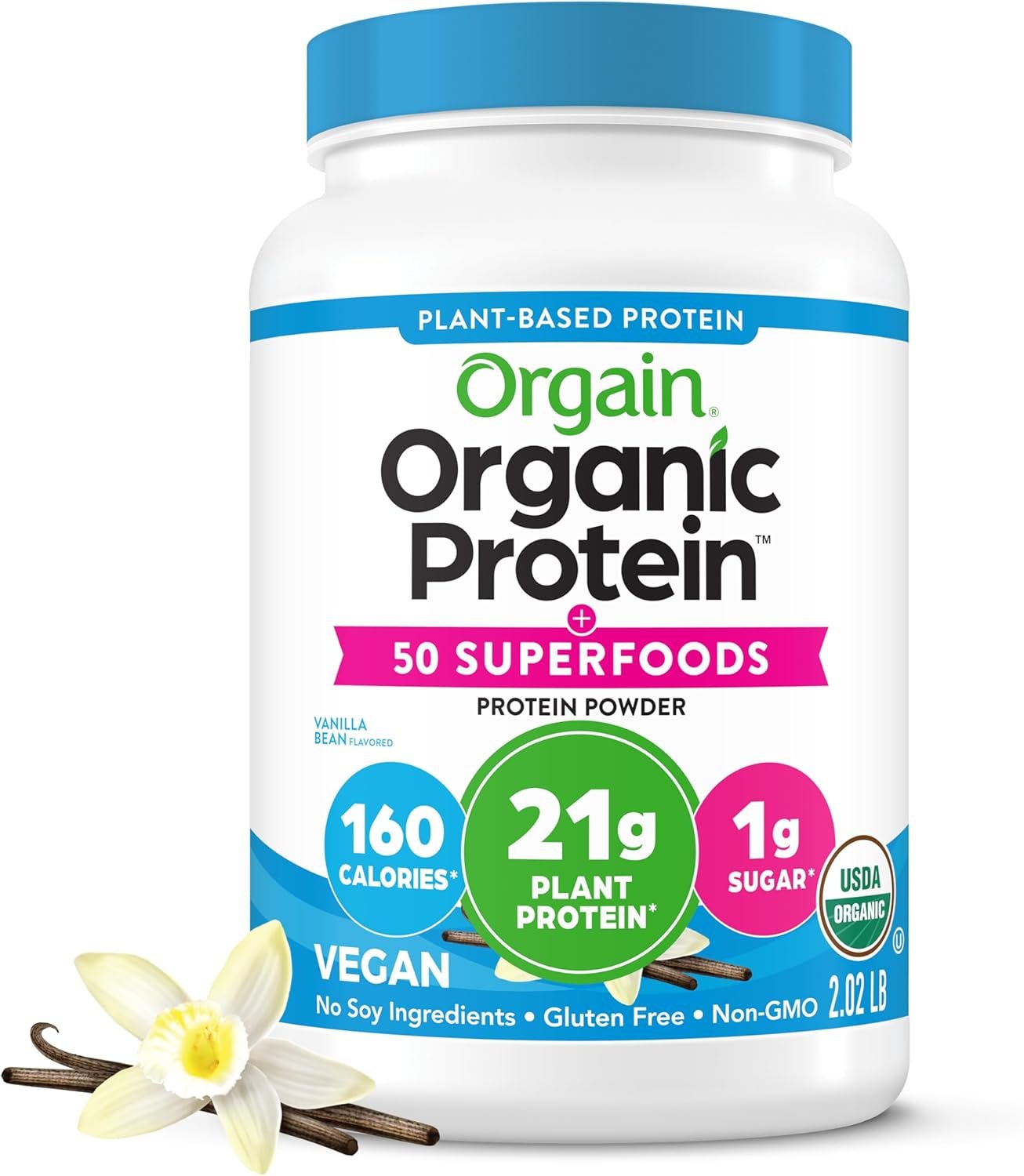 Orgain Organic Vegan Protein + 50 Superfoods Powder, Vanilla Bean – 21g Plant Based Protein, 8g Prebiotic Fiber, No Lactose Ingredients, Gluten Free, No Added Sugar, Non-GMO, 2.02 lb