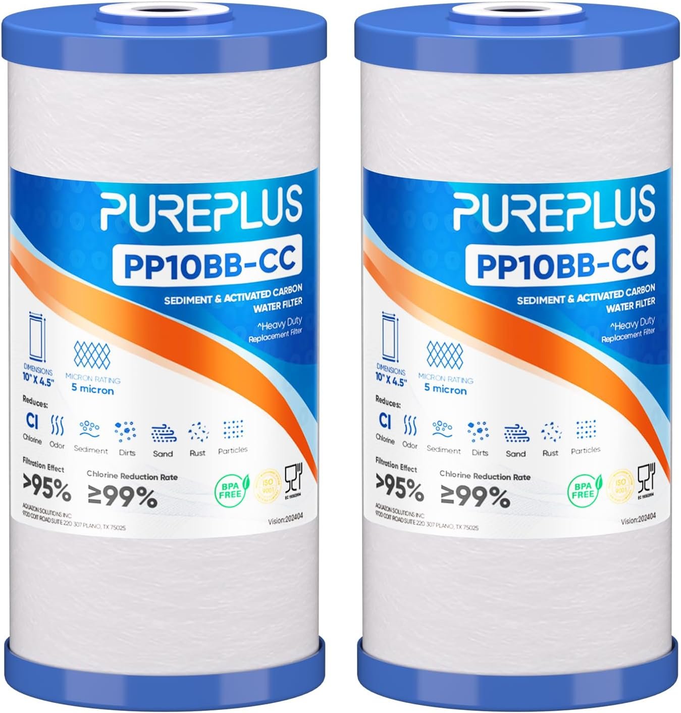 PUREPLUS 5 Micron 10″ x 4.5″ Whole House Sediment and Carbon Water Filter Replacement Cartridge for GE FXHTC, GXWH40L, GXWH35F, GNWH38S, Culligan RFC-BBSA, WRC25HD, PP10BB-CC, Pentek RFC-BB, 2Pack