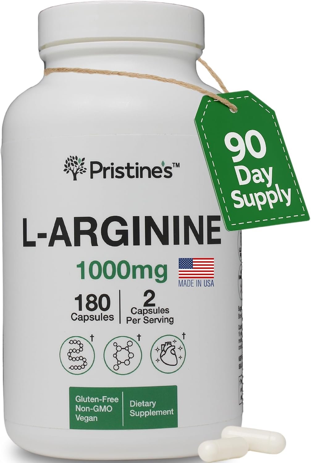 PRISTINE’S L Arginine Supplements for Men & Women – 1000mg Capsules 90 Day Supply Nitric Oxide & Pre Workout Amino Acid Support