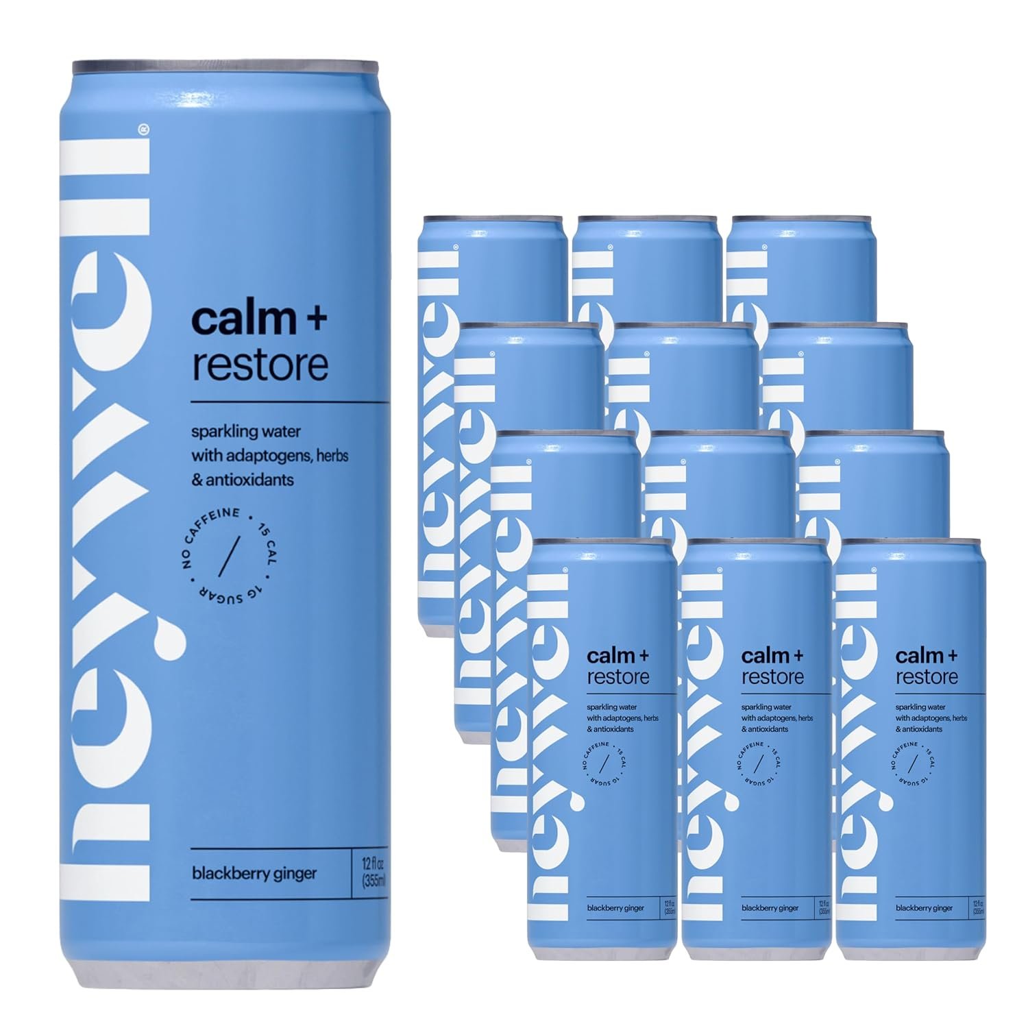 Heywell Sparkling Adaptogenic Water Calm and Restore, Blackberry Ginger Flavor 12 Fluid Ounce (Pack of 12) – Non Caffeinated, Organic, Non GMO, Vegan, Gluten Free, Dairy Free