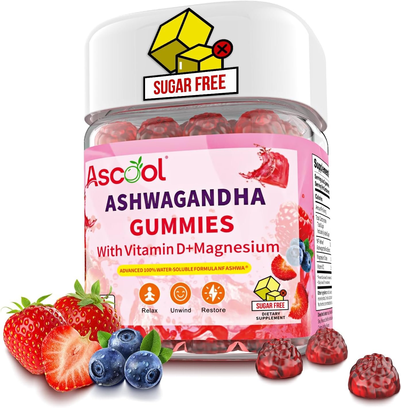 Ashwagandha Gummies, Sugar Free Ashwagandha Root Extract with Vitamin D & Magnesium, 90ct Vegan, Non-GMO, Gluten & Gelatin Free