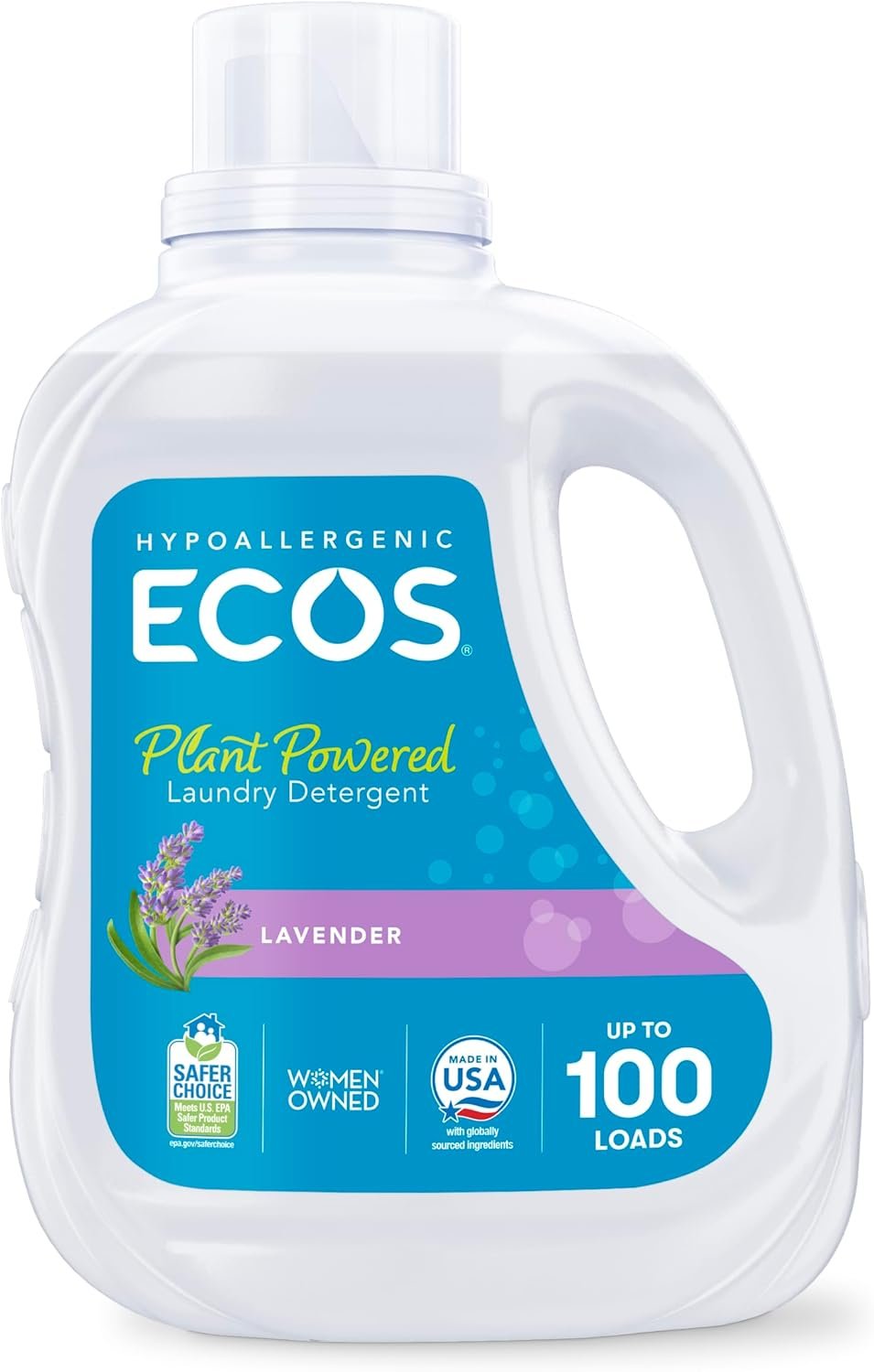 ECOS Laundry Detergent Liquid, 100 Loads – Dermatologist Tested Laundry Soap – Hypoallergenic, EPA Safer Choice Certified, Plant-Powered – Lavender, 100 Fl Oz